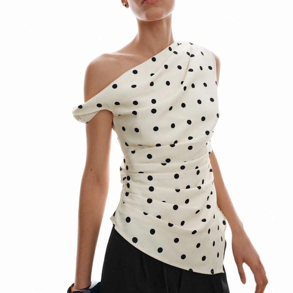 Ivory Polka Dot One-Shoulder Draped Top